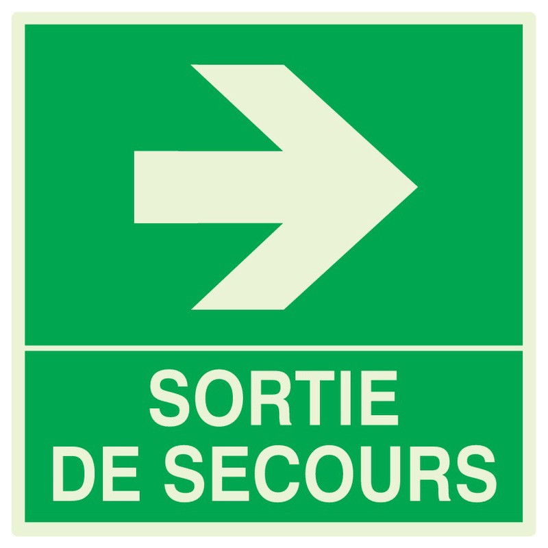 SORTIE DE SECOURS FLECHE A DROITE LUMINESCENT 200x200mm