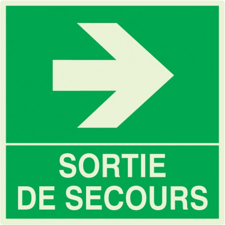 SORTIE DE SECOURS FLECHE A DROITE LUMINESCENT 200x200mm