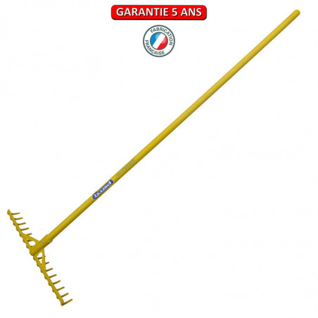 RATEAU FIBRE JAUNE A BUNKER 16 DENTS COURBES MANCHE COMPO TUBE 1.50 M